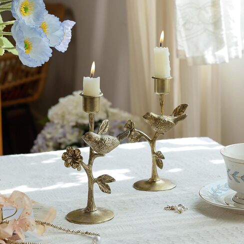 NIKKY HOME Vintage Gold Taper Candle Holders Set of 2, Birds on Branch Elegant Metal Flowers Candlestick for Table Centerpieces, Wedding Decor and Dinner Party in Saudi Arabia