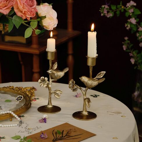 NIKKY HOME Vintage Gold Taper Candle Holders Set of 2, Birds on Branch Elegant Metal Flowers Candlestick for Table Centerpieces, Wedding Decor and Dinner Party in Saudi Arabia