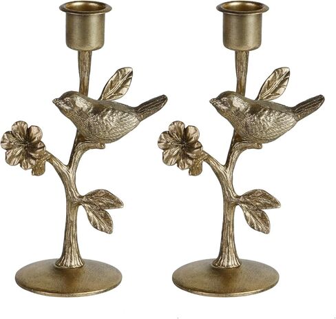 NIKKY HOME Vintage Gold Taper Candle Holders Set of 2, Birds on Branch Elegant Metal Flowers Candlestick for Table Centerpieces, Wedding Decor and Dinner Party in Saudi Arabia