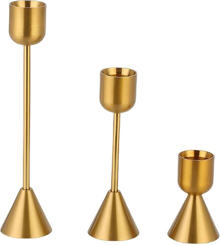حامل شمعدان ذهبي نحاسي، مجموعة من 3 حوامل شموع مستدقة، حامل شموع معدني طويل القامة ديكور لحفلات الزفاف، العشاء، الحفلات، الذكرى السنوية، يناسب شمعة بسمك 0.98 بوصة in Kuwait