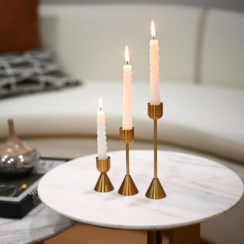حامل شمعدان ذهبي نحاسي، مجموعة من 3 حوامل شموع مستدقة، حامل شموع معدني طويل القامة ديكور لحفلات الزفاف، العشاء، الحفلات، الذكرى السنوية، يناسب شمعة بسمك 0.98 بوصة in Kuwait