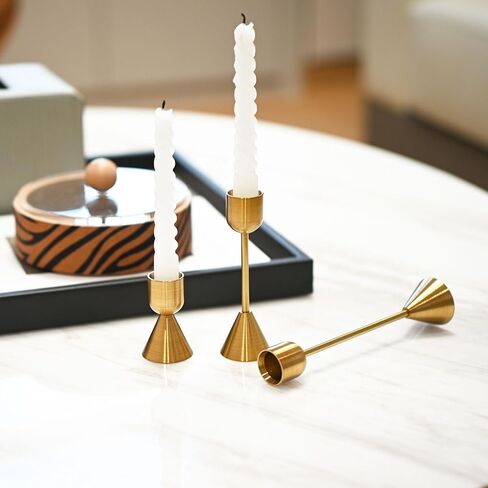حامل شمعدان ذهبي نحاسي، مجموعة من 3 حوامل شموع مستدقة، حامل شموع معدني طويل القامة ديكور لحفلات الزفاف، العشاء، الحفلات، الذكرى السنوية، يناسب شمعة بسمك 0.98 بوصة in Kuwait