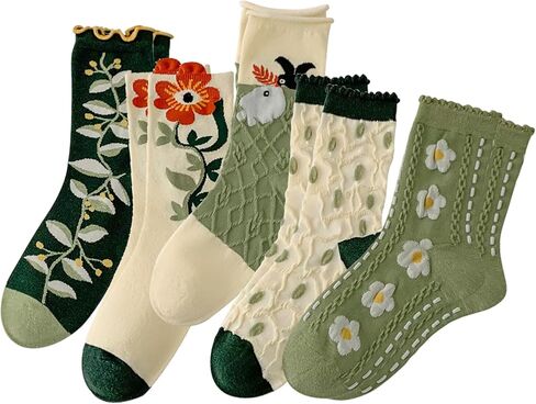 5 Pairs Floral Socks for Women Cute Embroidered Flower Crew Sock Cottagecore Frilly Vintage Fancy Cotton Socks in Saudi Arabia