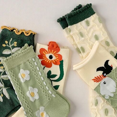 5 Pairs Floral Socks for Women Cute Embroidered Flower Crew Sock Cottagecore Frilly Vintage Fancy Cotton Socks in Saudi Arabia