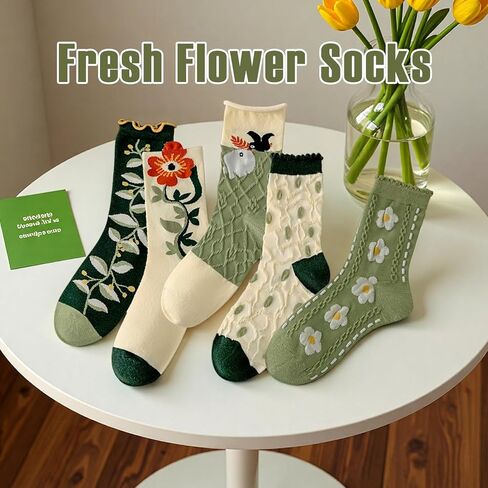 5 Pairs Floral Socks for Women Cute Embroidered Flower Crew Sock Cottagecore Frilly Vintage Fancy Cotton Socks in Saudi Arabia