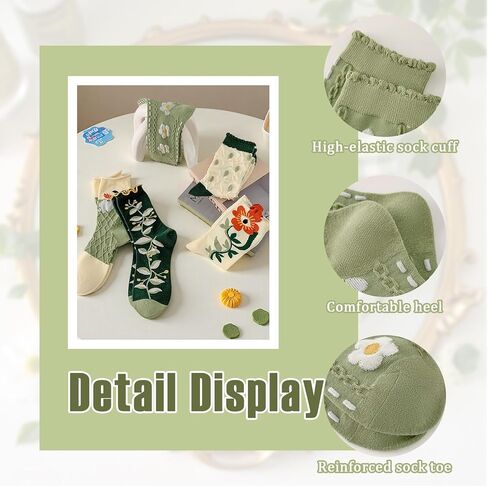 5 Pairs Floral Socks for Women Cute Embroidered Flower Crew Sock Cottagecore Frilly Vintage Fancy Cotton Socks in Saudi Arabia