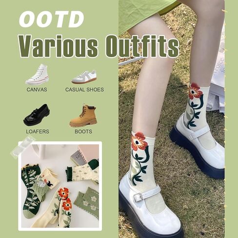 5 Pairs Floral Socks for Women Cute Embroidered Flower Crew Sock Cottagecore Frilly Vintage Fancy Cotton Socks in Saudi Arabia