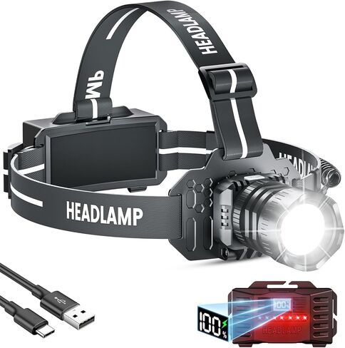 LED Rechargeable Headlamp, 150000LM Head Lamp Super Bright with 9 Modes & IPX6 Waterproof Zoomable Head Lights for Forehead, 90° Adjustable Headlamps for Camping Hiking Hunting Fishing Car Repair in Kuwait