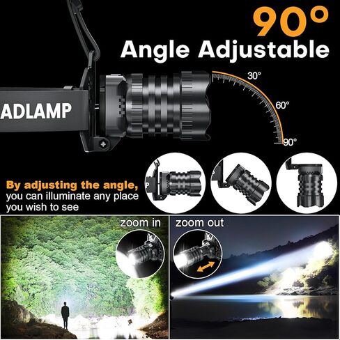 LED Rechargeable Headlamp, 150000LM Head Lamp Super Bright with 9 Modes & IPX6 Waterproof Zoomable Head Lights for Forehead, 90° Adjustable Headlamps for Camping Hiking Hunting Fishing Car Repair in Kuwait