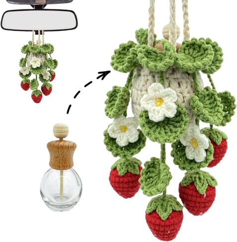 معطر هواء للسيارة من الكروشيه، زجاجة ناشر هواء فارغة قابلة لإعادة الملء سعة 10 مل مع نباتات محفوظ بوعاء، ملحقات مرآة السيارة المعلقة، موزع زيت عطري معلق (فراولة عميقة) in Kuwait