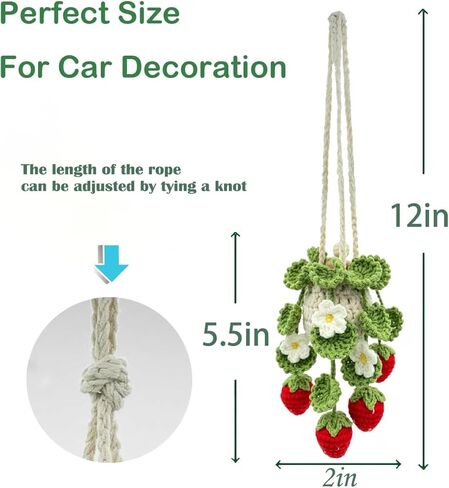 معطر هواء للسيارة من الكروشيه، زجاجة ناشر هواء فارغة قابلة لإعادة الملء سعة 10 مل مع نباتات محفوظ بوعاء، ملحقات مرآة السيارة المعلقة، موزع زيت عطري معلق (فراولة عميقة) in Kuwait