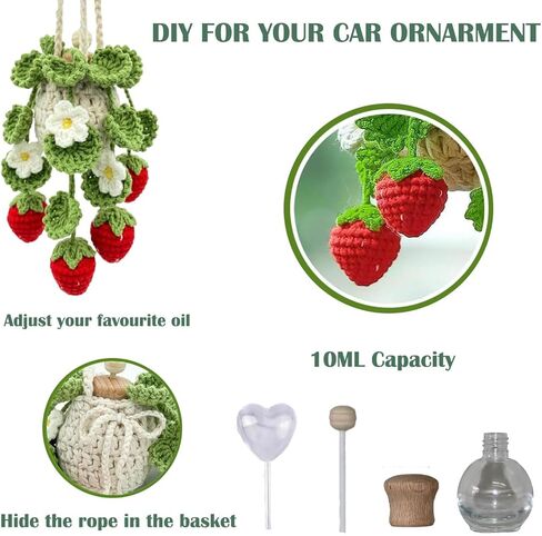 معطر هواء للسيارة من الكروشيه، زجاجة ناشر هواء فارغة قابلة لإعادة الملء سعة 10 مل مع نباتات محفوظ بوعاء، ملحقات مرآة السيارة المعلقة، موزع زيت عطري معلق (فراولة عميقة) in Kuwait