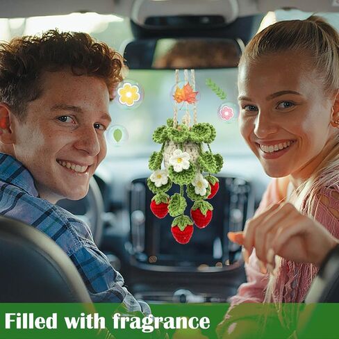 معطر هواء للسيارة من الكروشيه، زجاجة ناشر هواء فارغة قابلة لإعادة الملء سعة 10 مل مع نباتات محفوظ بوعاء، ملحقات مرآة السيارة المعلقة، موزع زيت عطري معلق (فراولة عميقة) in Kuwait