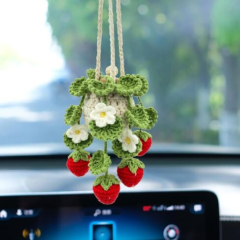 معطر هواء للسيارة من الكروشيه، زجاجة ناشر هواء فارغة قابلة لإعادة الملء سعة 10 مل مع نباتات محفوظ بوعاء، ملحقات مرآة السيارة المعلقة، موزع زيت عطري معلق (فراولة عميقة) in Kuwait