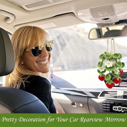 معطر هواء للسيارة من الكروشيه، زجاجة ناشر هواء فارغة قابلة لإعادة الملء سعة 10 مل مع نباتات محفوظ بوعاء، ملحقات مرآة السيارة المعلقة، موزع زيت عطري معلق (فراولة عميقة) in Kuwait