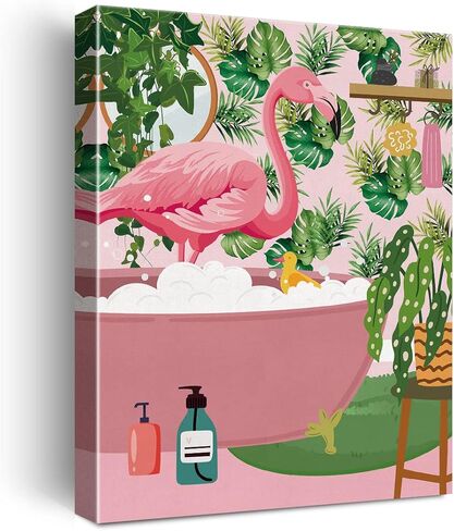 NISTOMISU Pink Flamingo on Toilet Bathroom Canvas Prints Wall Decor Botanical Flamingo Canvas Art Sign Canvas Poster Picture Gifts for Home Bathroom Decor 11.5"x15" in Saudi Arabia