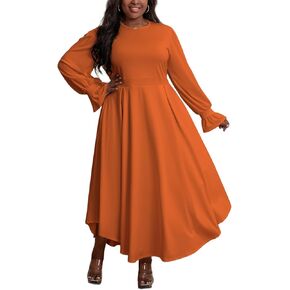Plus Size Dresses for Curvy Women Long Bishop Balloon Sleeve with Ruffle Cuffs Elegant Maxi Dress in Saudi Arabia