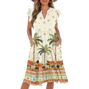 Women's Casual Ruffle Sleeve Dress V Neck Pullover Dress Flowy A-Line Pleated Lightweight Dress with Pockets in Kuwait