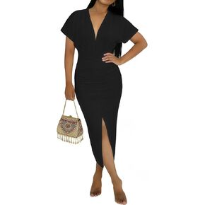 فساتين الصيف للنساء ملابس العطلة مثير الخامس الرقبة عادية Bodycon فستان ماكسي Ruched فساتين متوسطة الطول فساتين حجم كبير in Kuwait