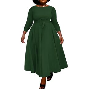 Runwind Casual Plus Size Long Maxi Dress for Curvy Women Crew Neck 3/4 Sleeve Wedding Guest Dresses with Belt & Pockets in Kuwait