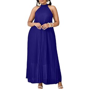 FANDEE Maxi Dress for Women Plus Size Casual Sleeveless Chiffon Halter Neck Pleated Loose Long Dresses in Kuwait
