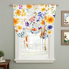 Spring Wildflowers Tie Up Curtains for Window, Leaves Pastoral Botanical Country Thermal Insulated Balloon Shade Adjustable Rod Pocket Curtains Valance Panels for Kitchen Bathroom Café 46'' x 63'' in Saudi Arabia