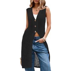 Cakulo Womens 2026 Sleeveless Summer Crochet Cardigans Beach Cover Up Boho Long Vest Tops Outfits Black XL in Kuwait