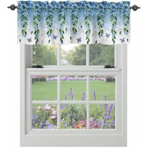 Valance for Windows Blue Eucalyptus Leaf Floral Kitchen Curtains Valances Rod Pocket Boho Butterfly Farmhouse Flower Window Treatment Short Topper Curtains 1 Panel, 54x18 inch in Saudi Arabia