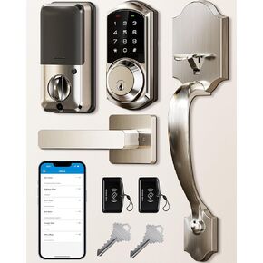Veise VE06-H Smart Front Door Lock Set, App Control, Keyless Entry Deadbolt with Lever Handle, Electronic Digital Touchscreen Keypad, Auto Lock, Easy Install, Satin Nickel in Kuwait