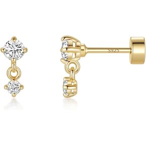 ASHINE 14K Gold Plated Dangle Flat Back Earrings | Sterling Silver Posts Dainty Double Stone Multi-Shape Earring | Tragus Cartilage Piercing Jewelry for Women in Kuwait
