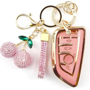 Sparkly Key Fob Cover with Cherry Keychain, Bling TPU Smart Key Case for Women, Compatible with BMW 2 4 5 6 7 X1 X2 X3 X4 X5 X6 430i 340i 840i M Series 2015-2023 (4-Button, Gold Pink) in Kuwait