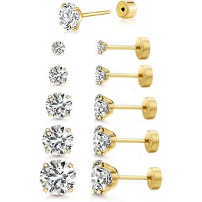 Women's 14K Gold Plated CZ Stud Earrings Simulated Diamond Round Cubic Zirconia Ear Stud Set（5 Pairs) in Kuwait