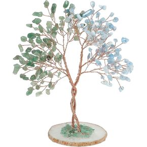 Hand Wrapped Wire Crystal Tree of Life with Natural Agate Slice Base, Reiki Healing Stone Money Tree for Feng Shui Home Decoration, Green Aventurine & Aquamarine in Kuwait
