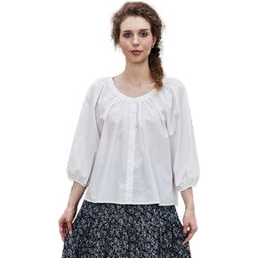 Women's Victorian Cotton Puff Sleeve Blouse White Romantic 3/4 Sleeve Comfy Top with Round Collar S-2XL in Kuwait
