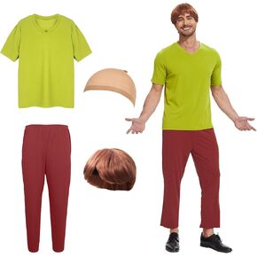 مجموعة أزياء الهالوين التنكري للرجال الكلاسيكيين لشخصيات كرتونية، شعر مستعار بني، تي شيرت أخضر وسروال بني in Kuwait