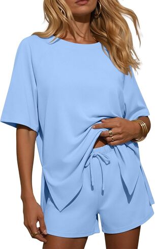 Ekouaer طقم مكون من قطعتين للنساء طقم قصير للاستراحة الصيفية ماص للرطوبة ملابس غير رسمية للسفر في المطار ملابس متطابقة in Kuwait