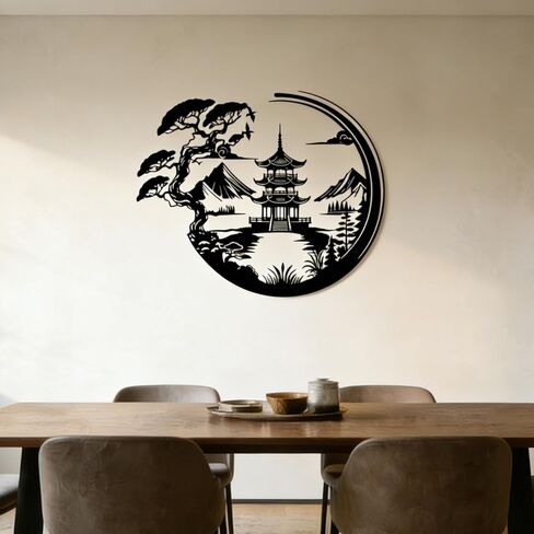 VGLTROXEV Bonsai Tree Torii Gate ديكور جدار معدني - ديكور غرفة زن على الطراز الياباني، ديكور فني جداري أسود بسيط لغرفة المعيشة وغرفة النوم وغرفة الطعام والمدخل (أسود) in Saudi Arabia