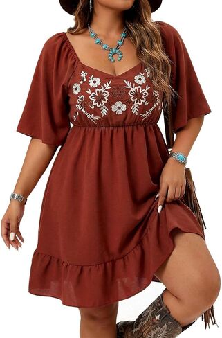Women's Plus Size Western Embroidered Floral Boho Dress Country Concert Cowgirl Outfits A Line Flowy Summer Midi Dress in Kuwait