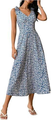 Floerns Women's Summer Boho Tie Shoulder Floral Midi Dress V Neck Vacation A Line Smocked Dresses in Saudi Arabia