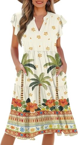 Women's Casual Ruffle Sleeve Dress V Neck Pullover Dress Flowy A-Line Pleated Lightweight Dress with Pockets in Kuwait