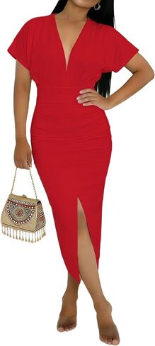 فساتين الصيف للنساء ملابس العطلة مثير الخامس الرقبة عادية Bodycon فستان ماكسي Ruched فساتين متوسطة الطول فساتين حجم كبير in Kuwait