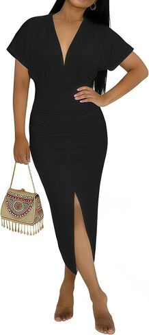 Summer Dresses for Women Vacation Outfits Sexy V Neck Casual Bodycon Maxi Dress Ruched Midi Dresses Plus Size Dresses in Kuwait