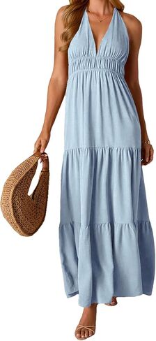 فستان نسائي سادة برقبة رسن بدون أكمام، فستان صيفي كاجوال بدون ظهر، خصر عالٍ، فساتين طويلة واسعة للإجازات in Kuwait