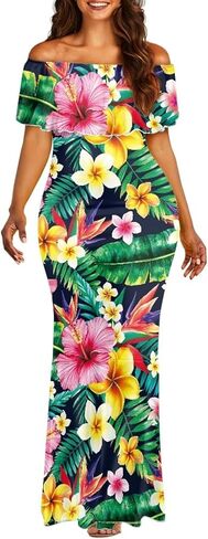 Off The Shoulder Dresses for Women Polynesian Dress Summer Hawaiian Outfit Long Dresses S-7XL in Kuwait