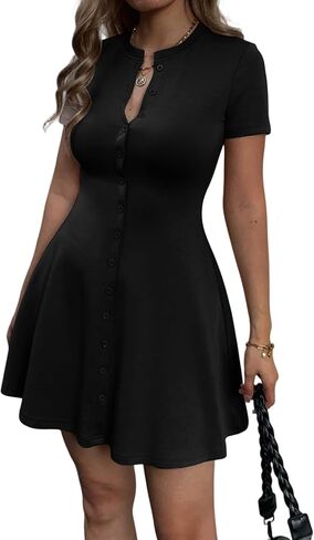 Women's Summer Button Down A Line Flare Mini Dress Casual Crewneck Flowy Hem Bodycon T Shirt Semi Formal Short Dress in Kuwait