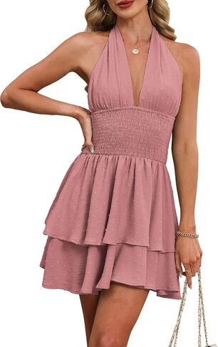 Kikibell Womens Summer Dresses Swiss Dot Halter Deep V Neck Backless Smocked Waist Ruffle A-Line Flowy Sexy Skater Mini Dress in Kuwait