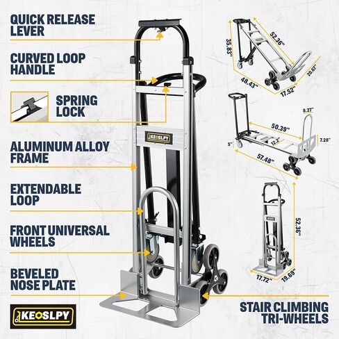شاحنة يدوية صناعية قابلة للتحويل 3 في 1 بسعة 1000 رطل، شاحنة يدوية من الألومنيوم شديدة التحمل، عربة دوللي لتسلق السلالم مع عجلات للنقل والتحرك in Kuwait