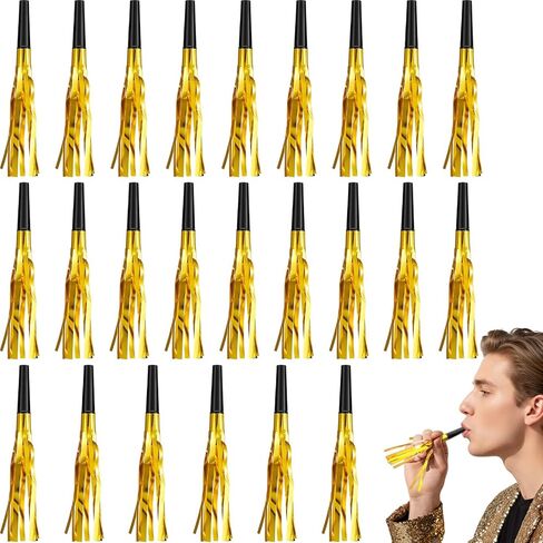 Sumind 24 Pieces Gold Noise Makers Glitter Noise Makers Metallic Fringed Party Blowers for Adults Birthday Graduation Sporting Events 2025 New Years Party Favor Supplies in Kuwait