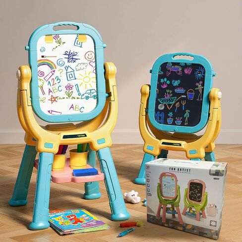 Easel for Kids,Adjustable Wooden Art Easel for Kids,114+ Art Supplies,Double Sided Magnetic Chalkboard and White Board for Kids,Drawing and Painting for Aged 2-4,5-7,8-12,2 Paper Rolls in Kuwait