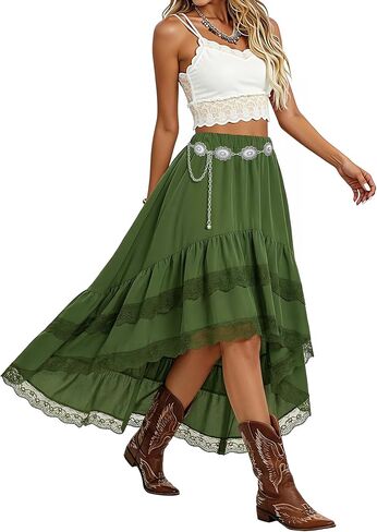 Women's Western Boho High Waist Lace Trim Skirt Asymmetrical Tiered Cowgirl Midi Skirt for Country Concert Music Festival in Saudi Arabia
